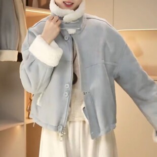 2025年秋冬新款毛毛领加厚时尚短款保暖加绒外套仿羊羔毛棉服上衣