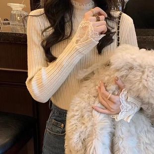 气质修身半高领内搭针织衫女法式拼接蕾丝花边上衣打底衫毛衣秋冬