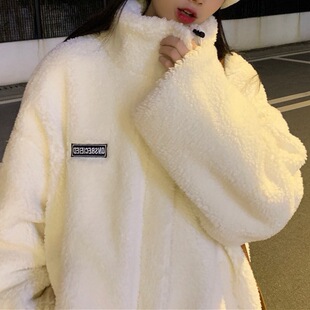 加绒加厚羊羔毛外套2026年新款韩版大码女装宽松羊羔绒卫衣秋冬季