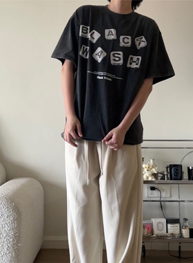 Double99夏季新品美式街头潮牌水洗印花短袖T恤