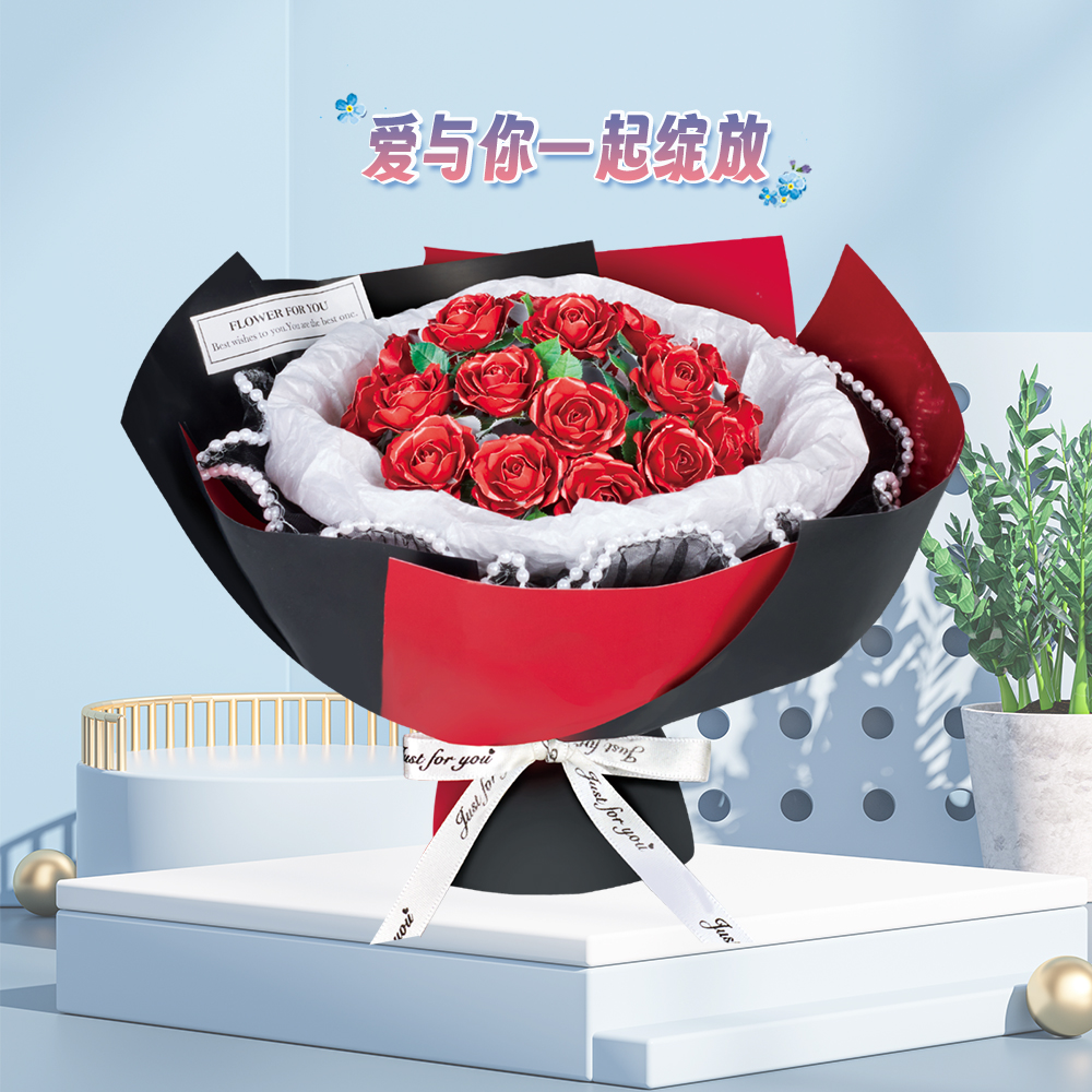 钢达红玫瑰花束3d立体拼图金属拼装模型diy手工永生花情人节礼物