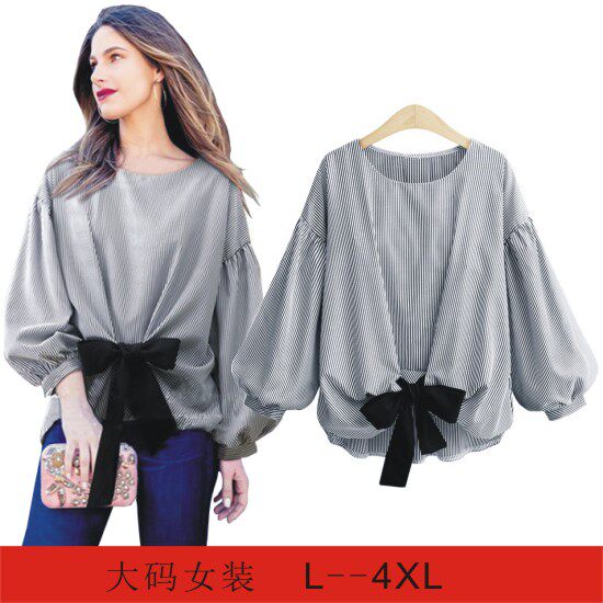 2018春季新款欧美大码女装条纹蝴蝶结衬衫女Shirts women Blouses