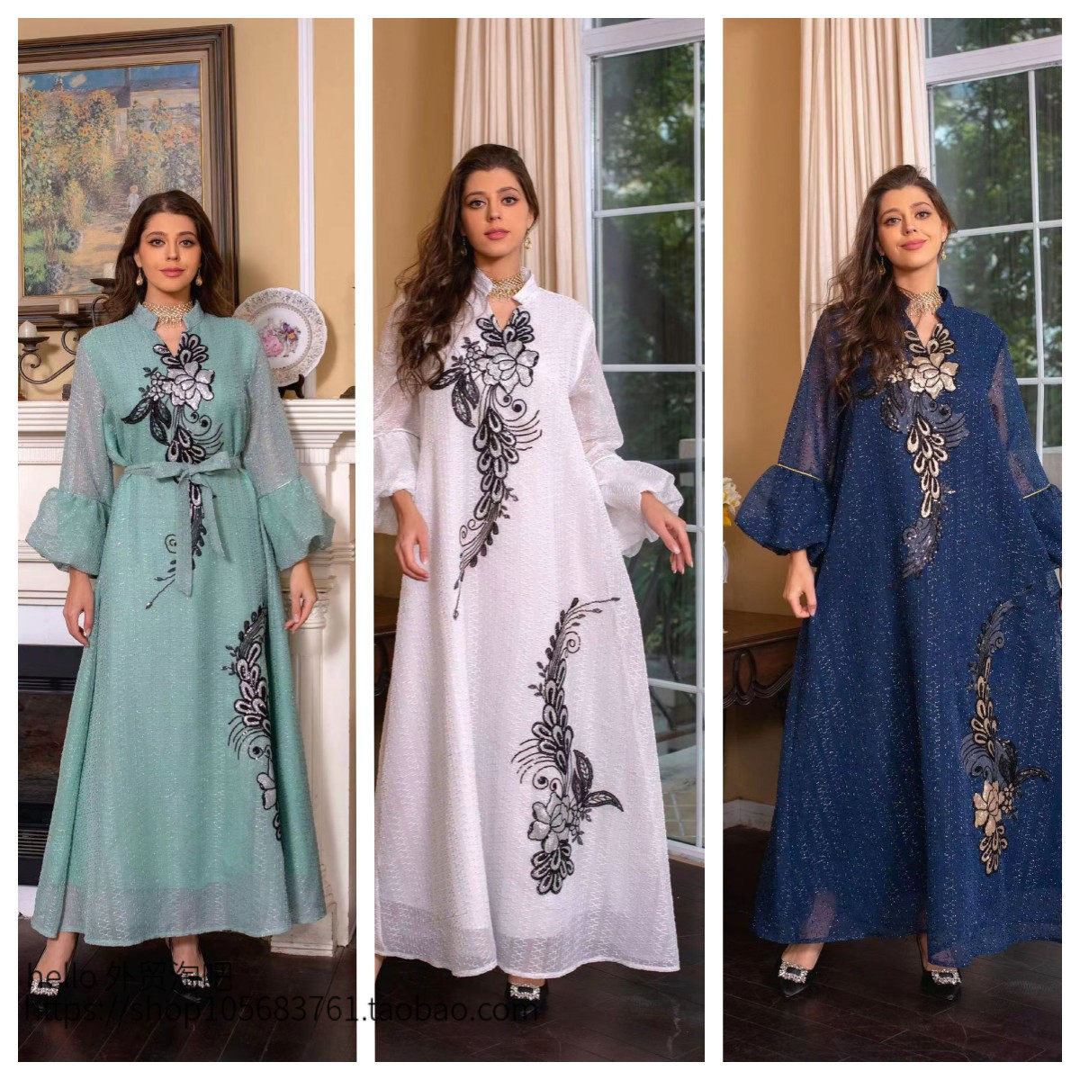 欧美2023新款女装连衣裙刺绣系带长裙 Embroidered lace up dress