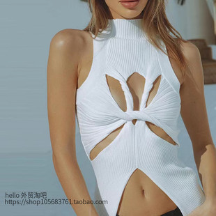 hollow 歐美性感不規(guī)則無(wú)袖 鏤空扭結(jié)背心露臍上衣 Sexy vest kink