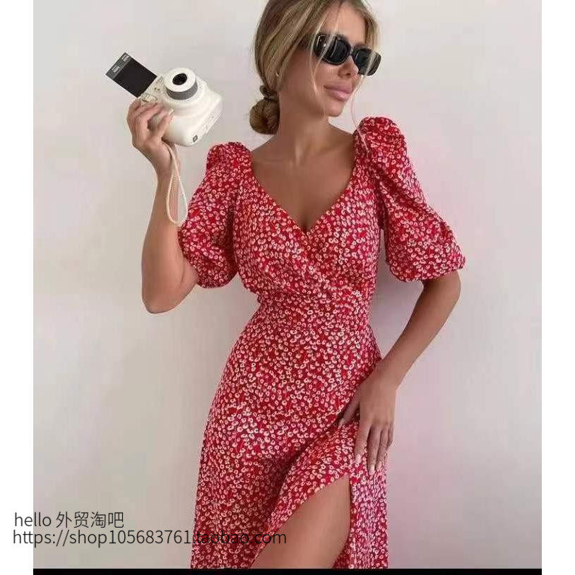 欧美印花开衩灯笼袖收腰V领连衣裙 Printed Lantern Sleeve Dress,女装/女士精品,连衣裙,淘宝优惠券,粉丝福利购,淘宝优惠卷