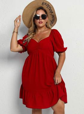Plus size women pleated dresses 大码红色唯美褶皱公主风连衣裙