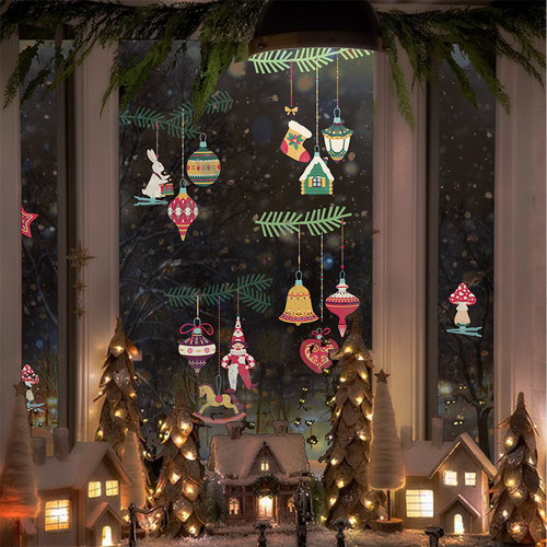 Merry Christmas! 复古圣诞儿童房窗户贴纸铃铛挂饰插画玻璃贴膜