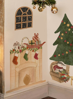 Merry Christmas!丹麦绘本风圣诞热可可读书会儿童房墙面贴纸装饰