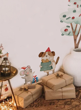 Merry Christmas!丹麦绘本风圣诞小动物齐聚儿童卧室布置墙贴装饰