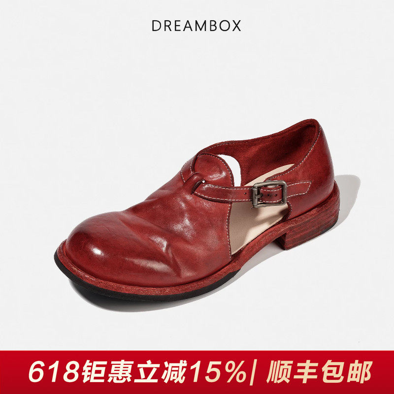 DREAMBOX钧博水洗马皮丁字扣软底凉鞋夏季法式复古手工女士罗马鞋