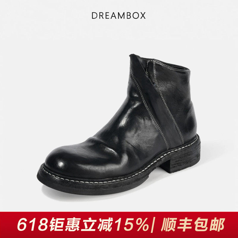 DREAMBOX钧博高档马皮手工固特异女靴秋冬新款侧拉链英伦复古皮靴