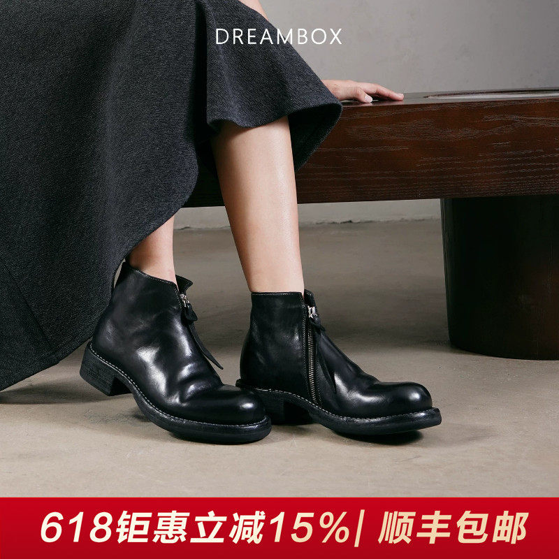 DREAMBOX钧博水洗马皮手工固特异女靴秋冬新款侧拉链高帮切尔西靴