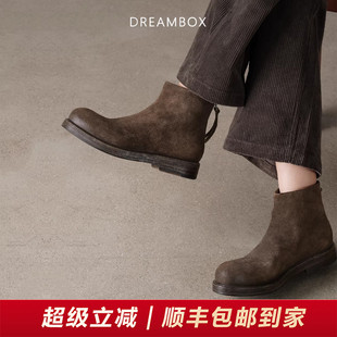 DREAMBOX钧博短靴石洗马皮切尔西靴极简风中帮女靴气质百搭皮靴