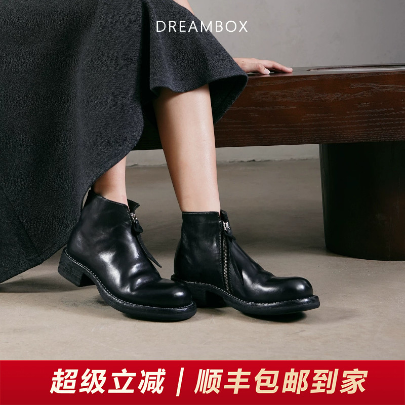 DREAMBOX钧博水洗马皮手工固特异女靴秋冬新款侧拉链高帮切尔西靴
