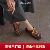 dreambox钧博高档轻奢女鞋 复古绑带小皮鞋 水洗马皮乐福鞋 法式