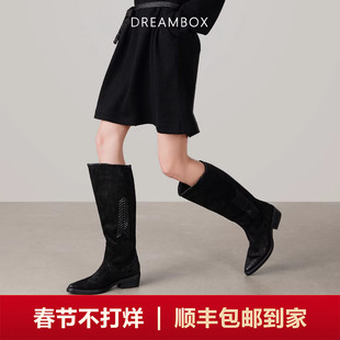 DREAMBOX钧博骑士靴高级感水洗马皮长筒靴气质显瘦尖头西部牛仔靴