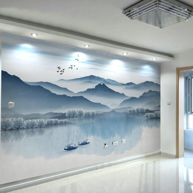 3d中式电视背景墙壁纸抽象意境装饰壁画客厅水墨意境山水墙纸大气