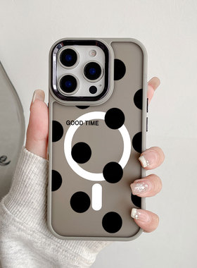 适用新款16e苹果14pro磁吸手机套iPhone15plus防摔磨砂白色手机壳12magsafe13简约12max黑色圆波点ins风小众