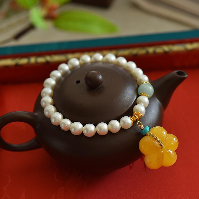 天然珍珠手链原创翡翠蜜蜡有米花手串国风气质叠戴手串送闺蜜女友