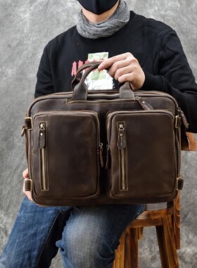 Men's Crazy horse leather briefcase with double PC pocket G