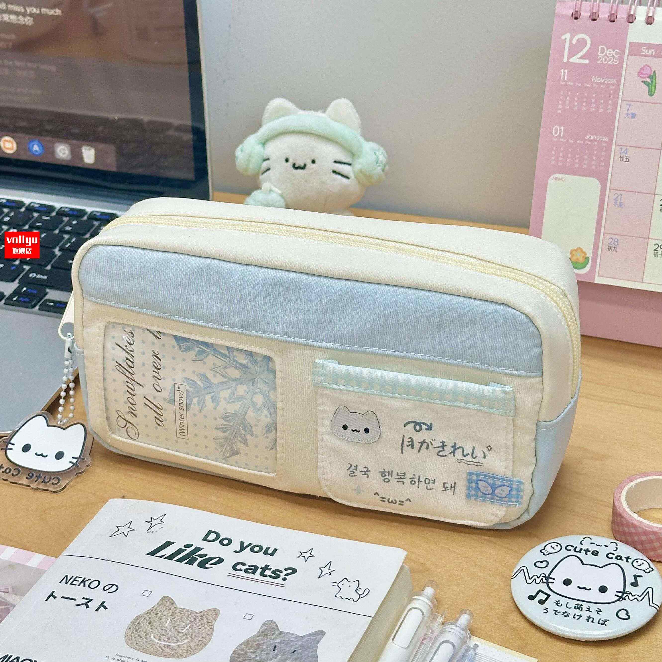萌系奶蓝小猫笔袋学生女生高颜值ins风小众不撞款铅笔文具盒新款。
