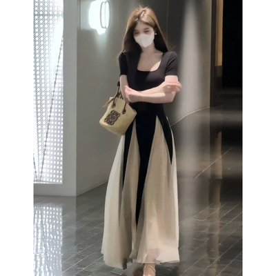 法式小众设计连衣裙女2025夏季新款高级感撞色A字裙修身显瘦长裙