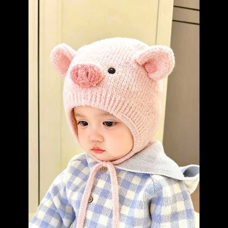 超萌小猪婴儿帽子小月龄新生儿帽子宝宝秋外出加厚保暖护耳遮囟门