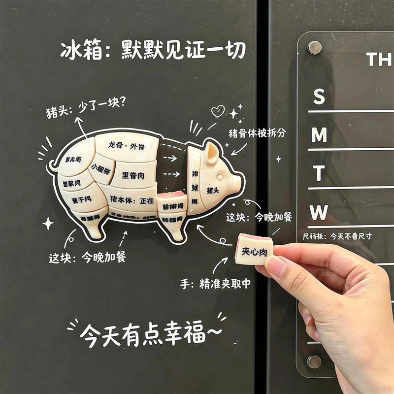 猪肉指南猪肉冰箱贴磁吸装饰摆件部位分割结构示意图抽象3d打印