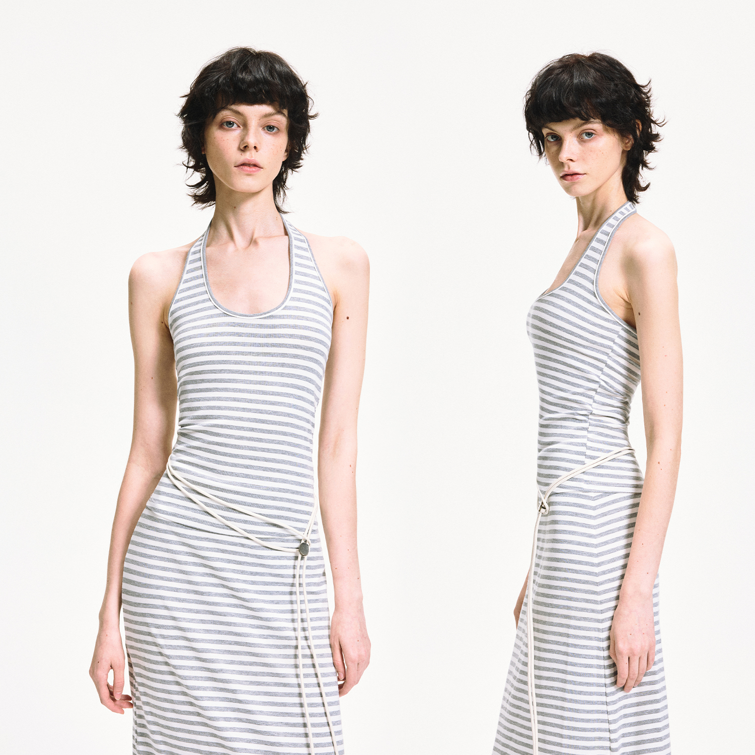 KVKV 莱赛尔条纹U领弹力修身挂脖背心 收腰夏季休闲露背吊带上衣