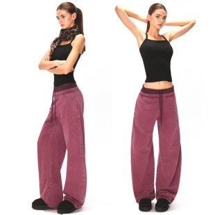KVKV勃艮第酒红重工洗褪双腰头抽绳阔腿宽松休闲运动卫裤