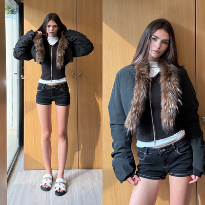 KVKV 真貉毛领可拆卸真两件叠穿廓形棉服短款外套