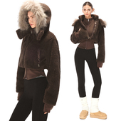 KVKV 秋冬咖色羊羔毛立领帽衫 真貉毛领可拆收腰真两件套夹克外套