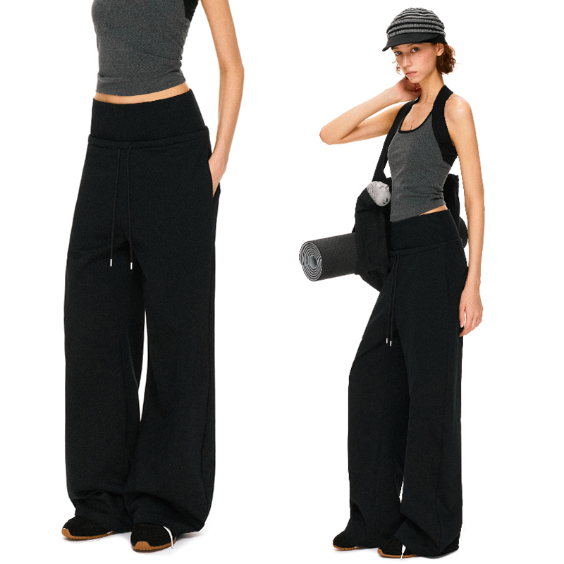 KVKV 黑色双腰头宽腰头抽绳肤感阔腿运动休闲卫裤