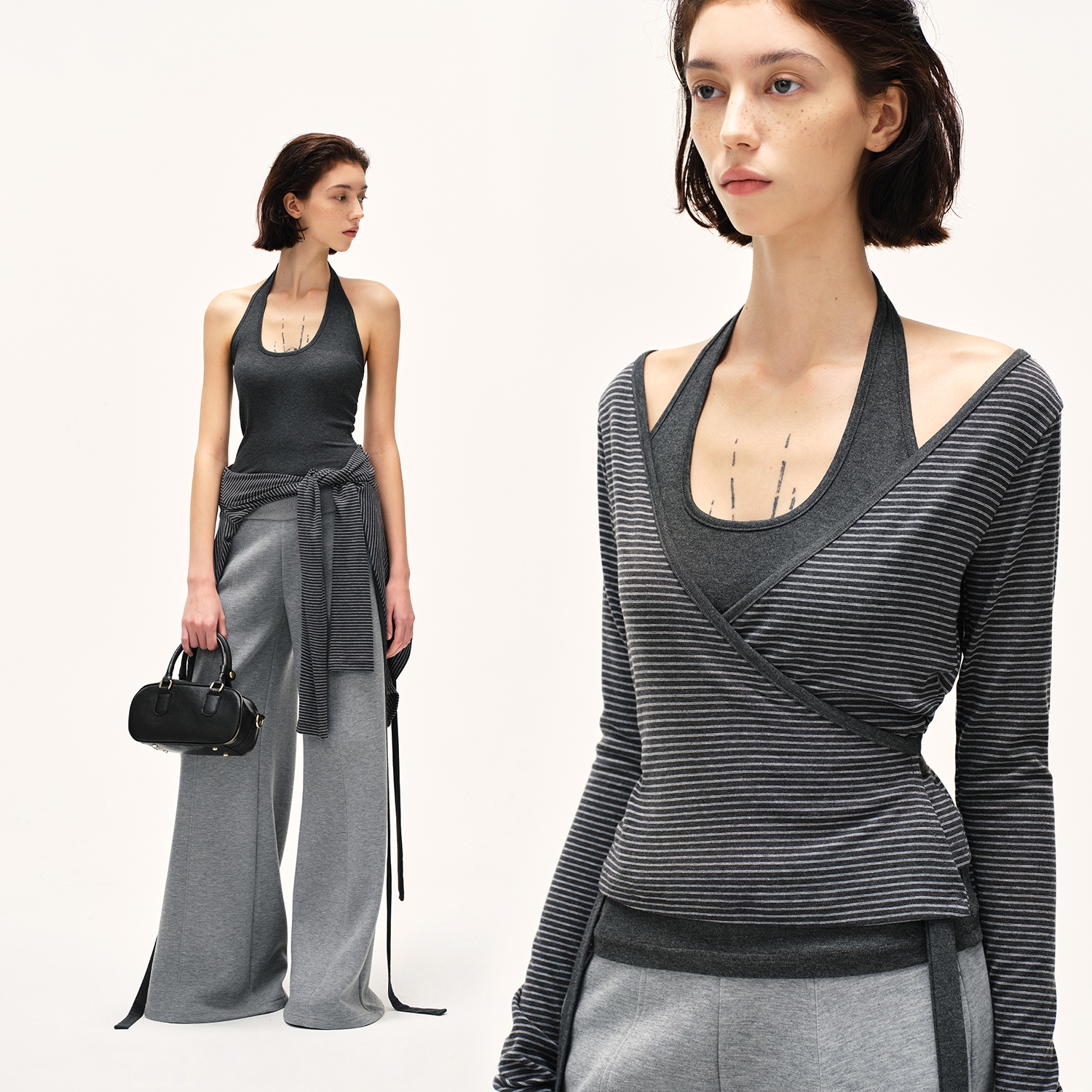 KVKV条纹绑带真两件外套【挂脖背心+T恤开衫 】 辣妹性感纯欲上衣