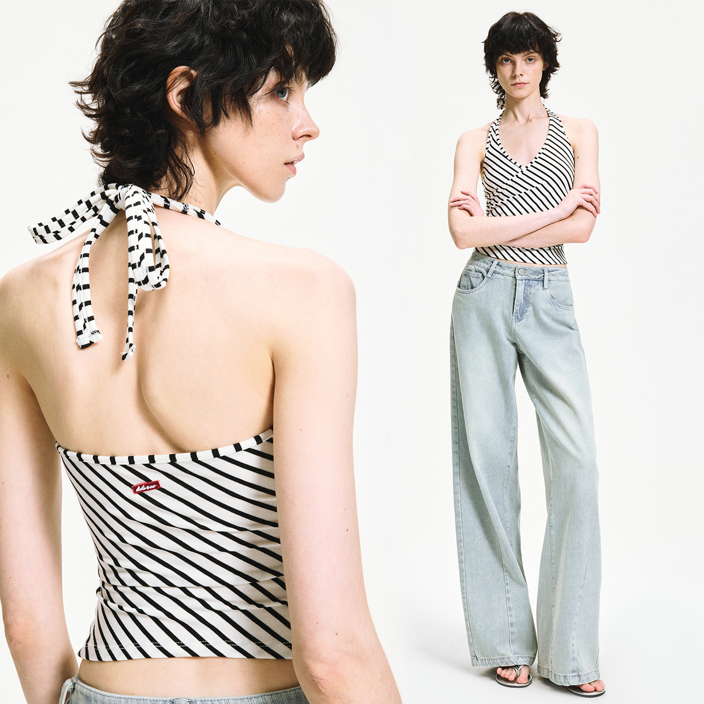 KVKV黑白斜条纹V领交叉褶皱弹力修身挂脖