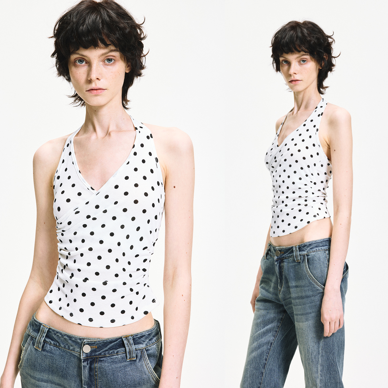 KVKV度假波点印花修身挂脖绑带背心夏日沙滩辣妹白色露背吊带上衣