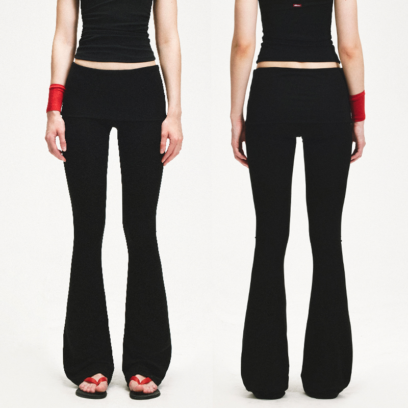 KVKV黑色翻边腰头弹力贴身瑜伽裤