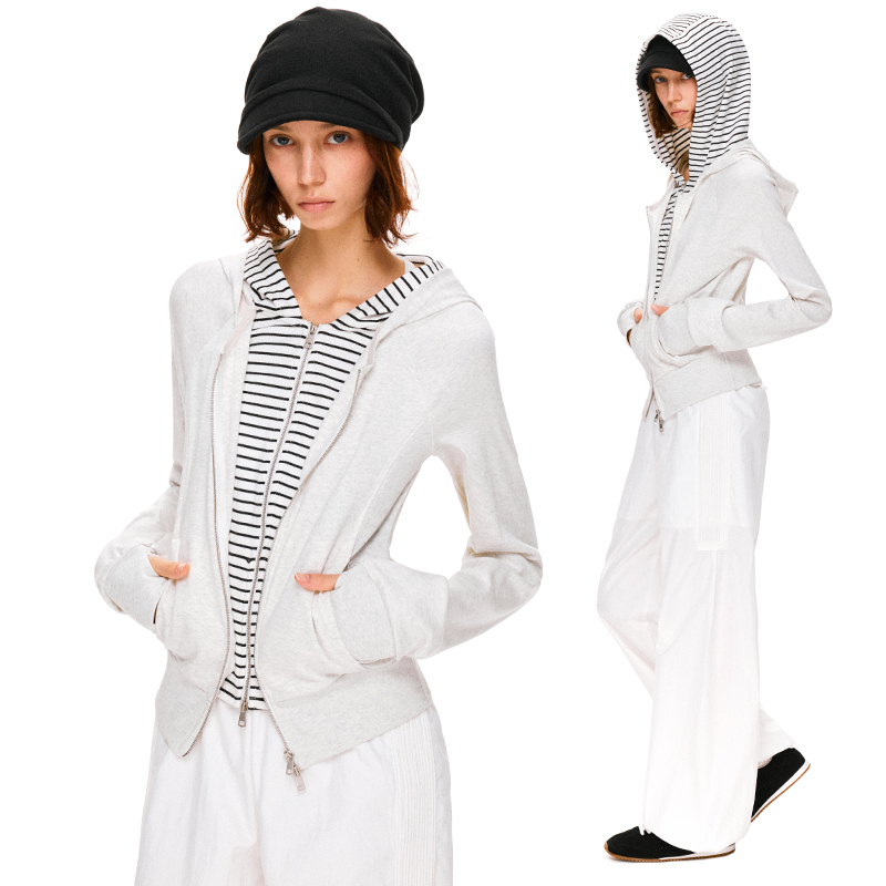 KVKV 浅灰色条纹假两件连帽撞色运动长袖帽衫卫衣外套