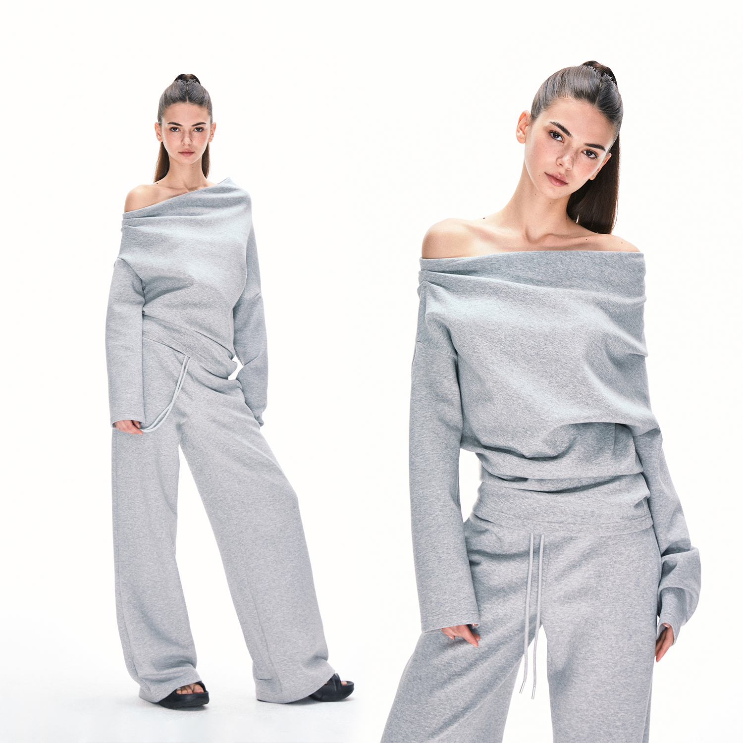 KVKV 设计感斜肩一字肩立裁宽松卫衣长袖 美式辣妹小众灰色上衣女