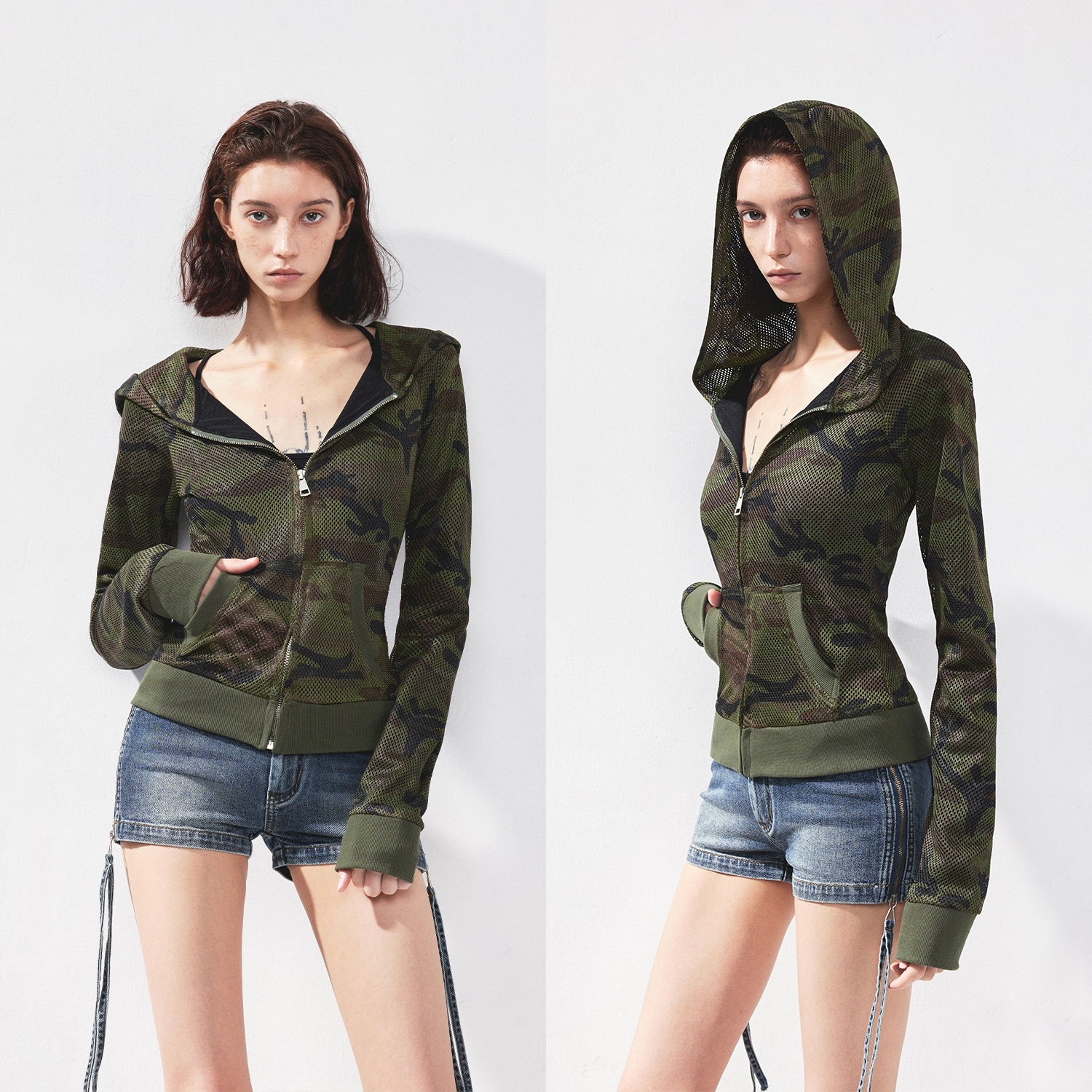 KVKV 迷彩网眼连帽插肩拉链运动开衫帽衫