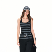 KVKV宽条纹U型背心 上衣 显瘦无袖 美式 复古黑灰撞色运动宽肩带修身