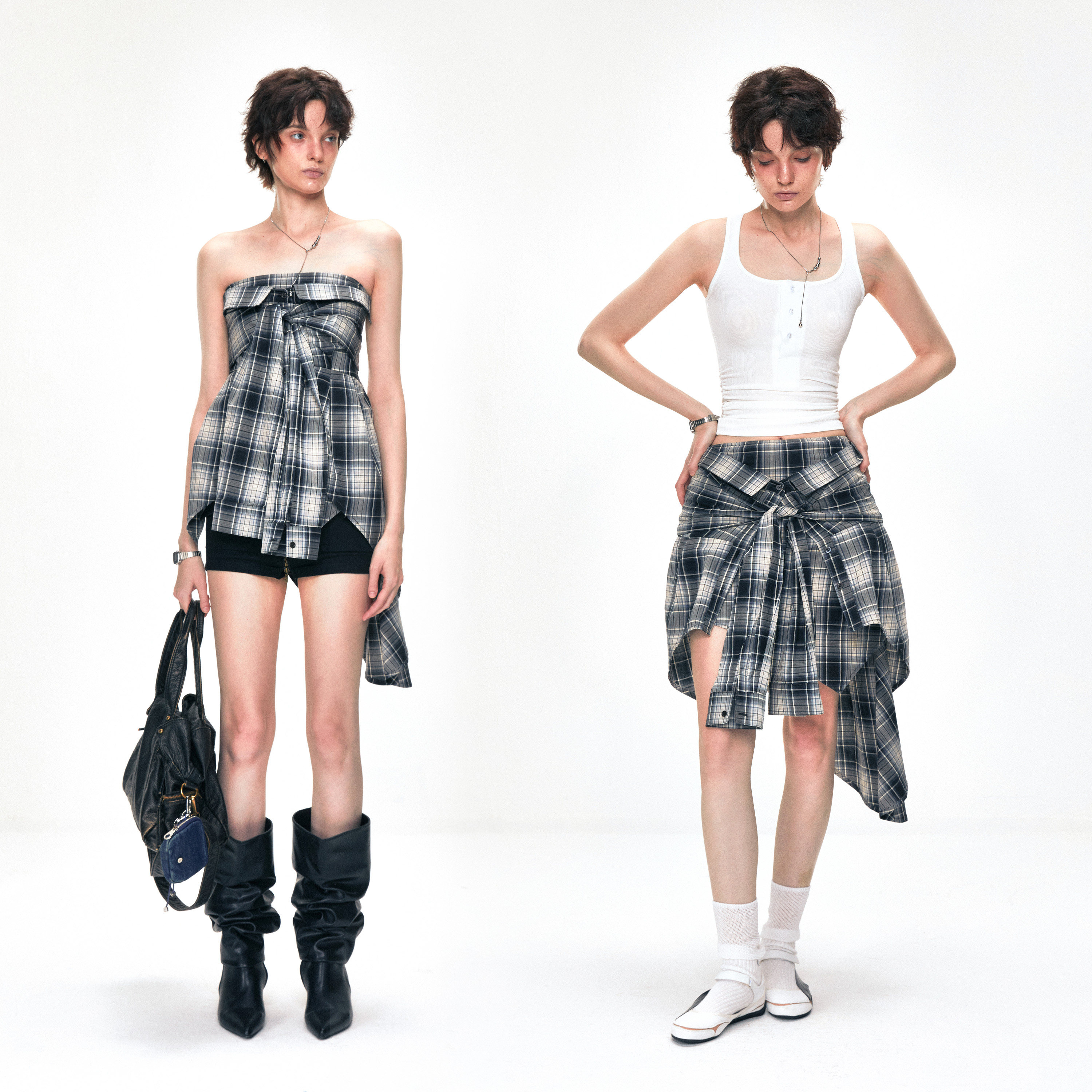 KVKV「两穿设计」格纹假两件抹胸 美式复古叠穿修身显瘦性感上衣