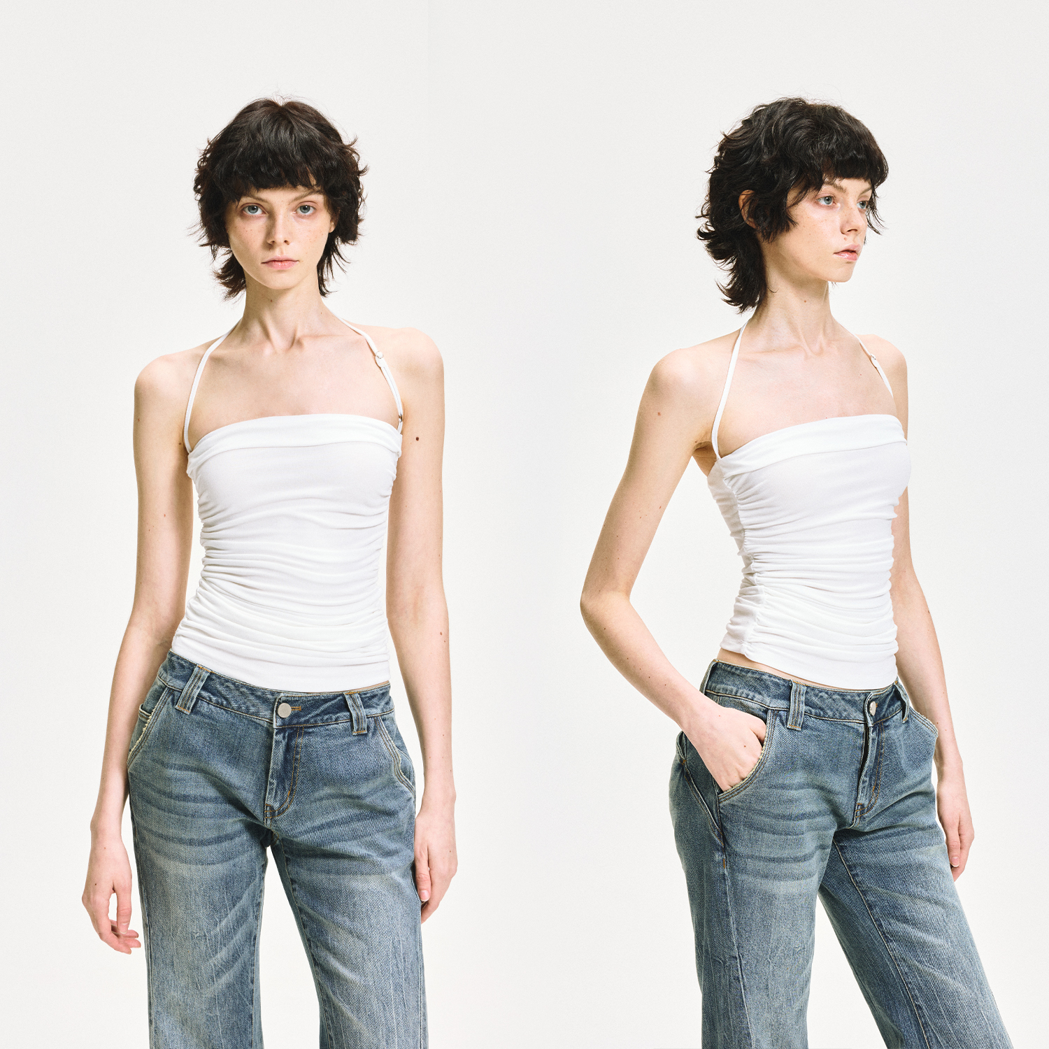 KVKV 天丝褶皱修身可调节挂脖背心 性感纯欲白色内搭外穿上衣吊带