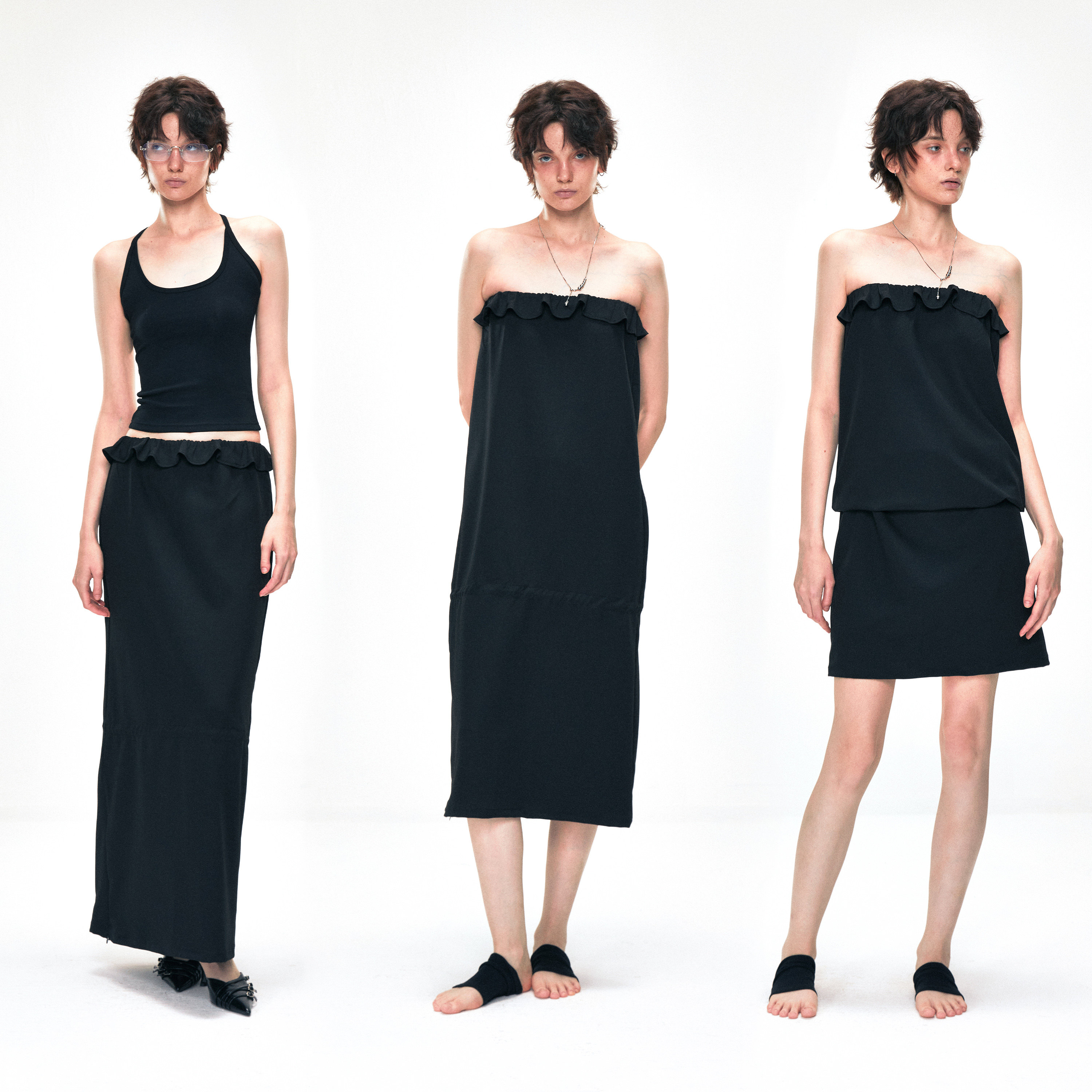 KVKV「两穿可调节」波浪边半身裙 美式复古A字垂坠感直筒抹胸长裙