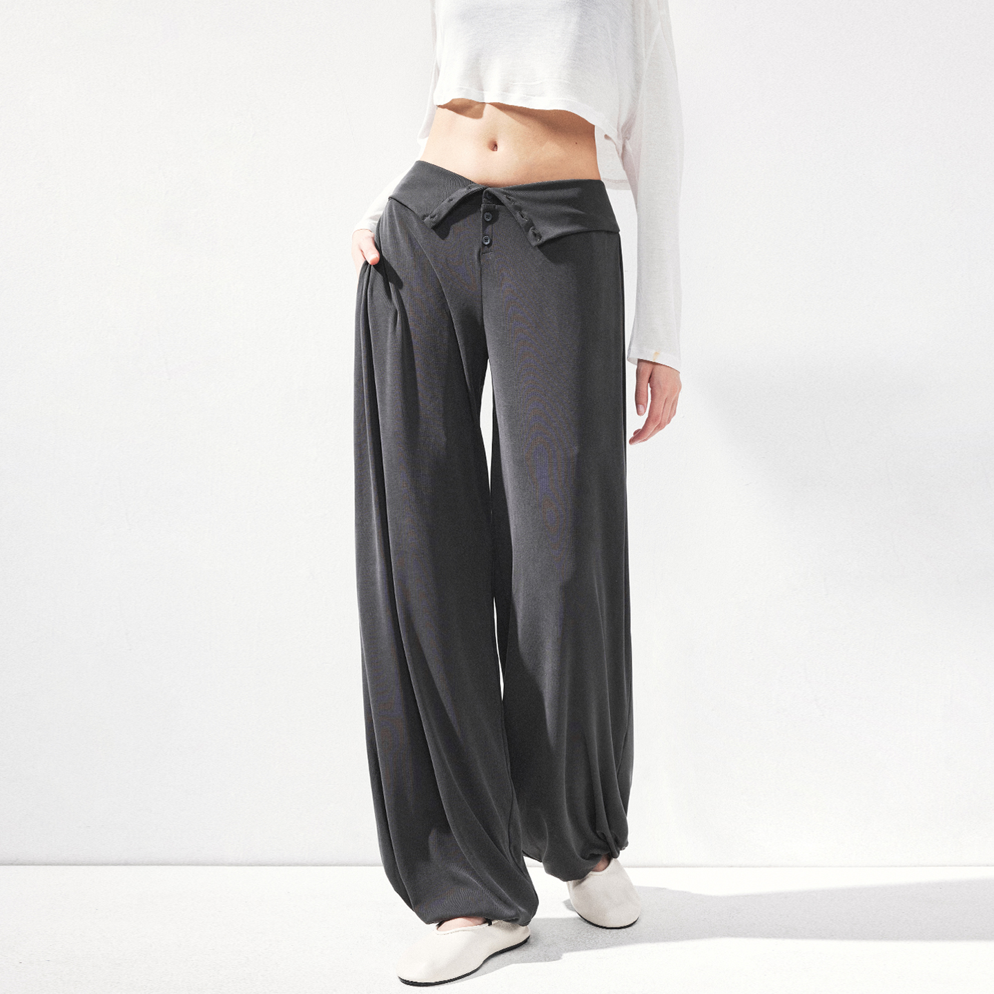 KVKV翻折运动瑜伽宽螺纹腰头垂感束脚灯笼长裤