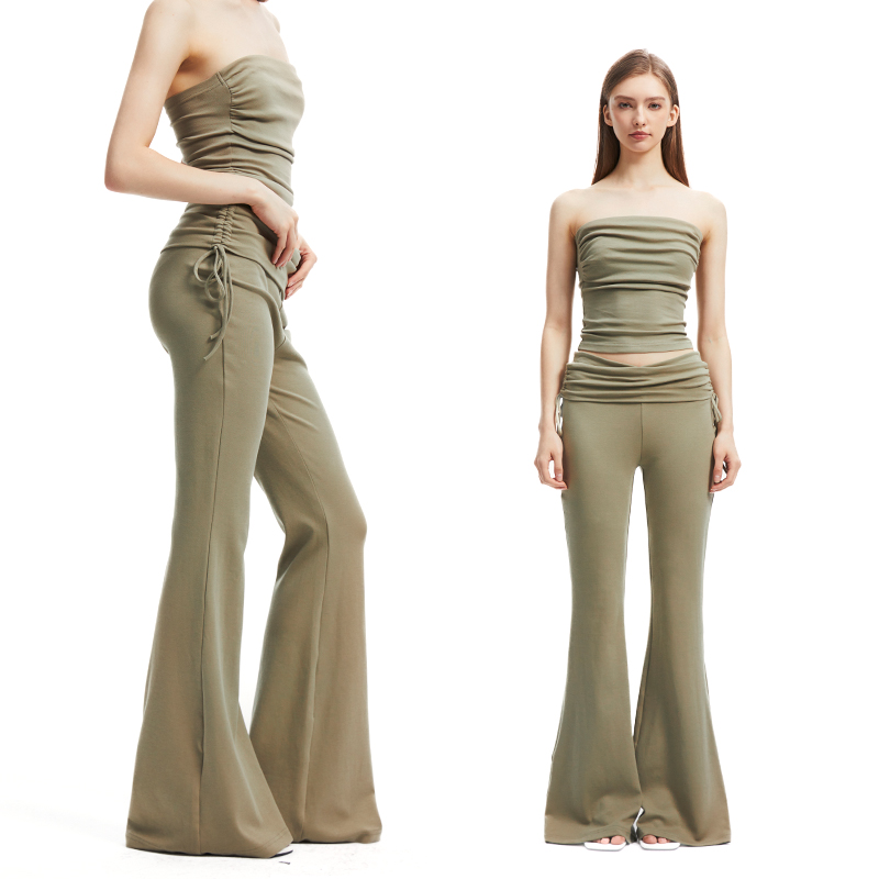 KVKV“SIX FOUR SIX”低腰绑带抽褶长裤 美式修身显瘦微喇裤子女