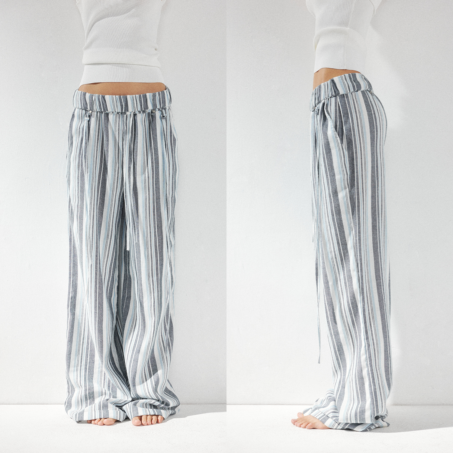 KVKV条纹亚麻双层腰系带度假慵懒休闲裤