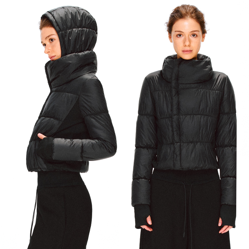 KVKV 羽绒侧拉链防风不规则领可拆卸帽收腰夹克外套