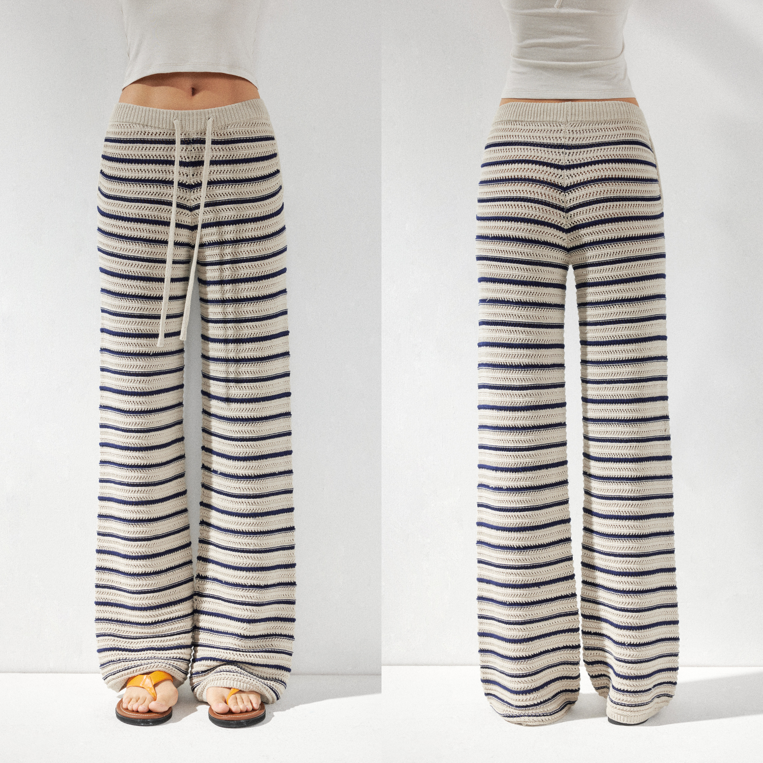 KVKV毛织钩针条纹宽松休闲阔腿度假镂空长裤