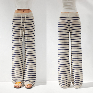 KVKV毛织钩针条纹宽松休闲阔腿度假镂空长裤